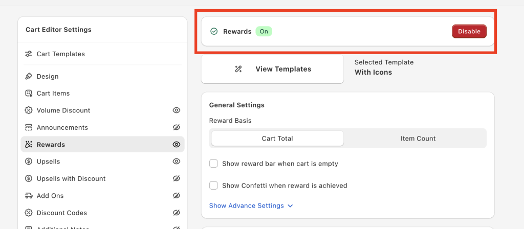 Enable the Slide Cart rewards bar