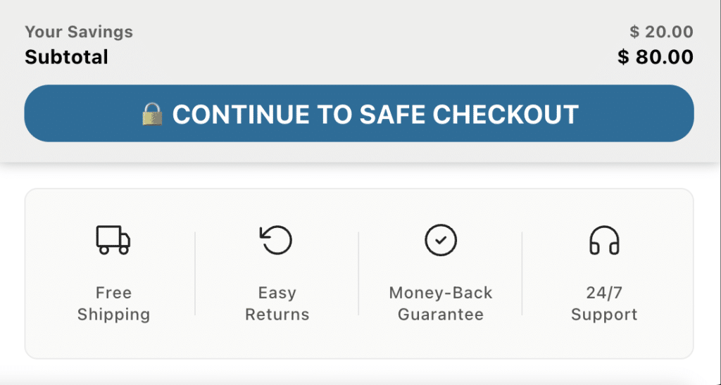 Checkout page with savings and options