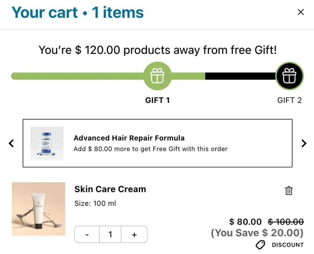 Shopping cart with gift offer details