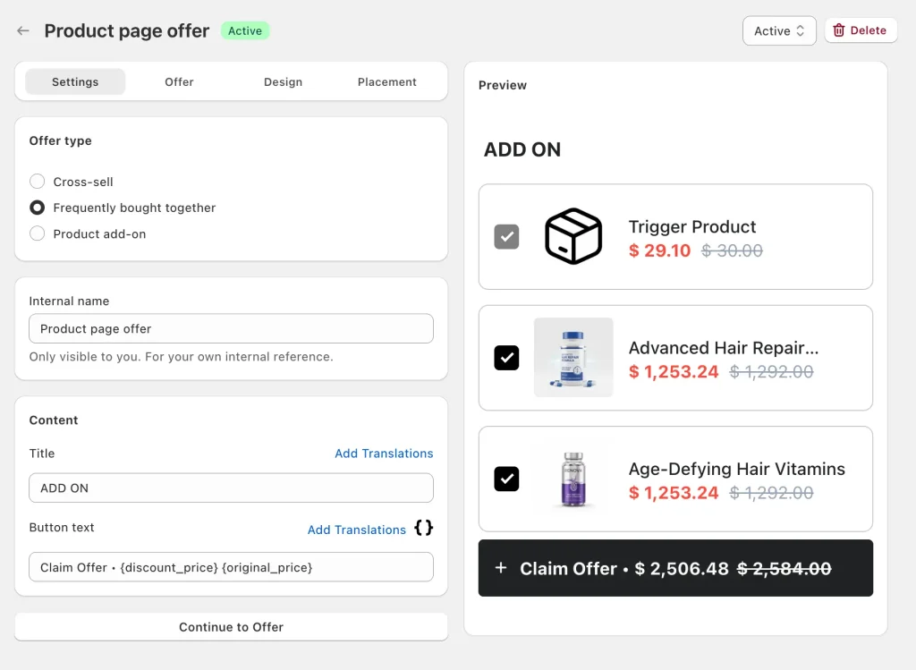Product page offer with add-ons