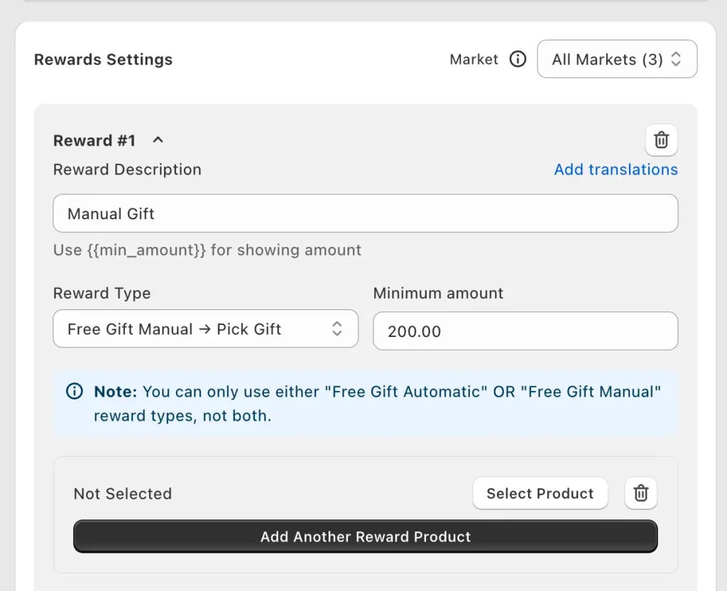 Oxify manual gift selection setup showing reward type set to Free Gift Manual Pick Gift with minimum amount of 200 dollars