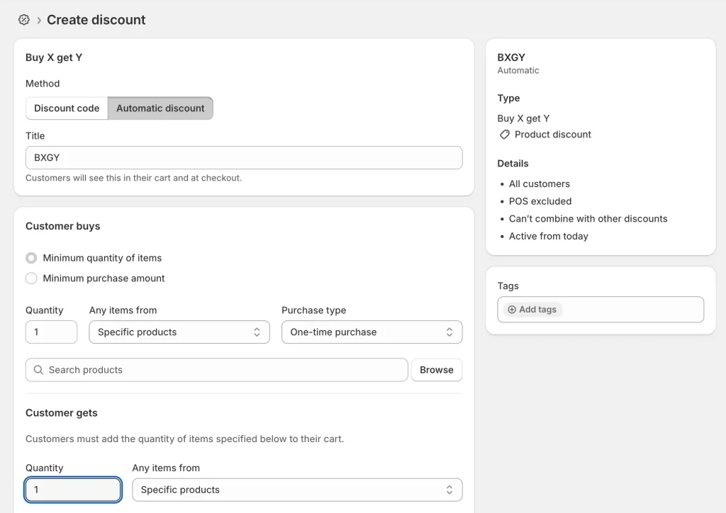 Discount creation interface for Shopify
