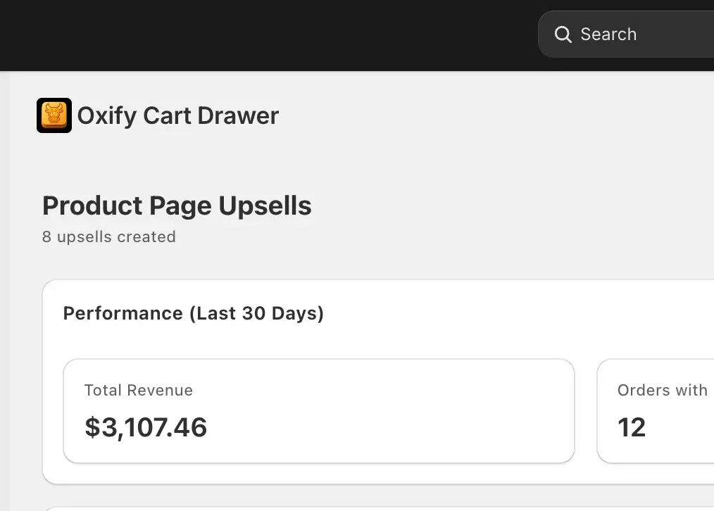 Oxify Cart Drawer dashboard showing $3,107.46 in 30-day revenue from FBT and product page upsell offers