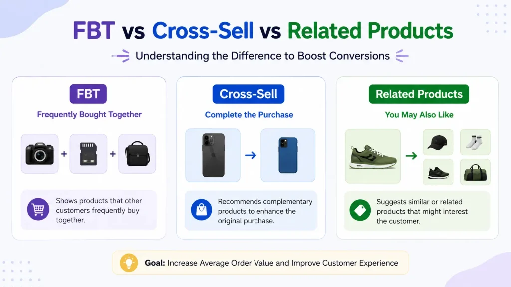 FBT vs Cross-Sell vs Related Products: What's the Difference? (2026) 2 FBT vs Cross Sell vs Related Products