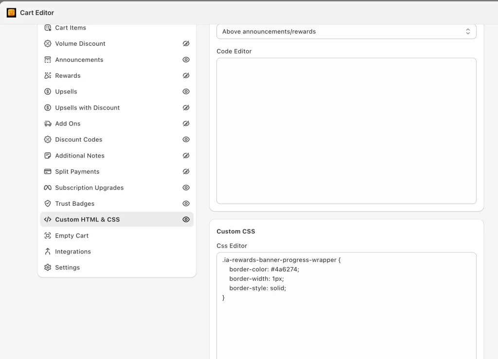 Shopify Cart Drawer Custom CSS: Fixes & Code (2026) 2 Oxify Cart Drawer custom HTML and CSS editor panel in Shopify