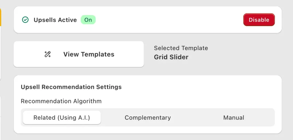 Upsell Recommendation Settings