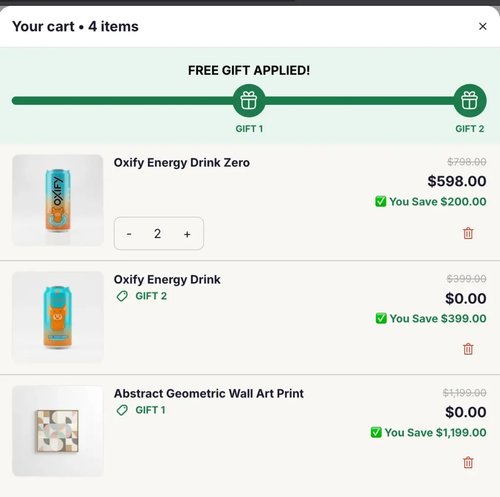 Free gift automatically added inside the Oxify cart drawer