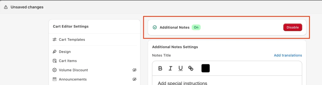enable notes cart drawer