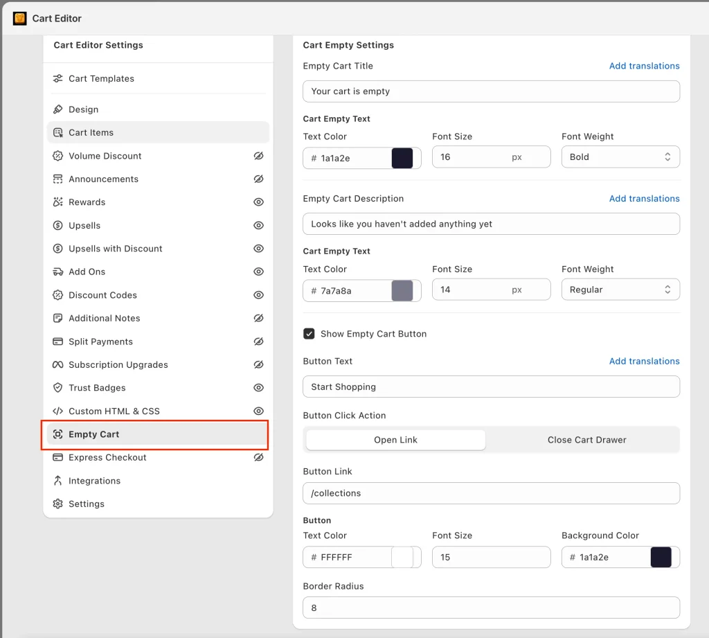 Open Cart Empty Settings