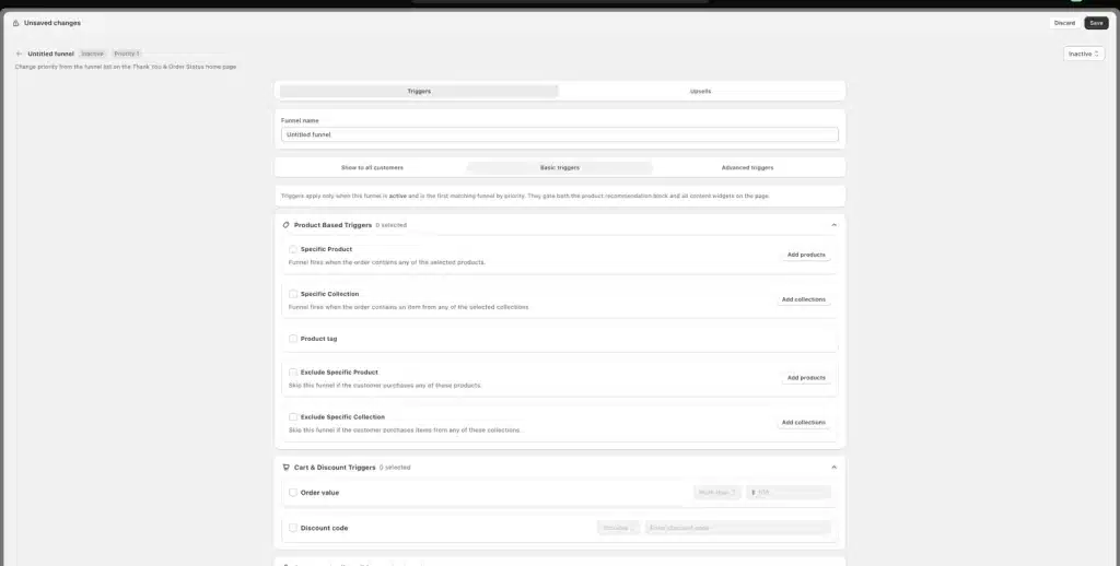 Oxify Cart Drawer thank you page funnel Triggers settings in Shopify