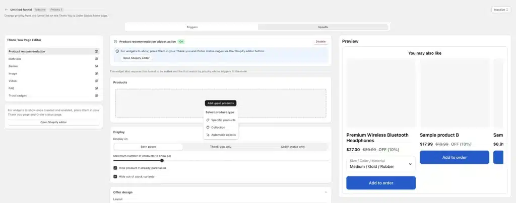 Oxify Cart Drawer Upsells tab with thank you page product recommendation and Add to order preview