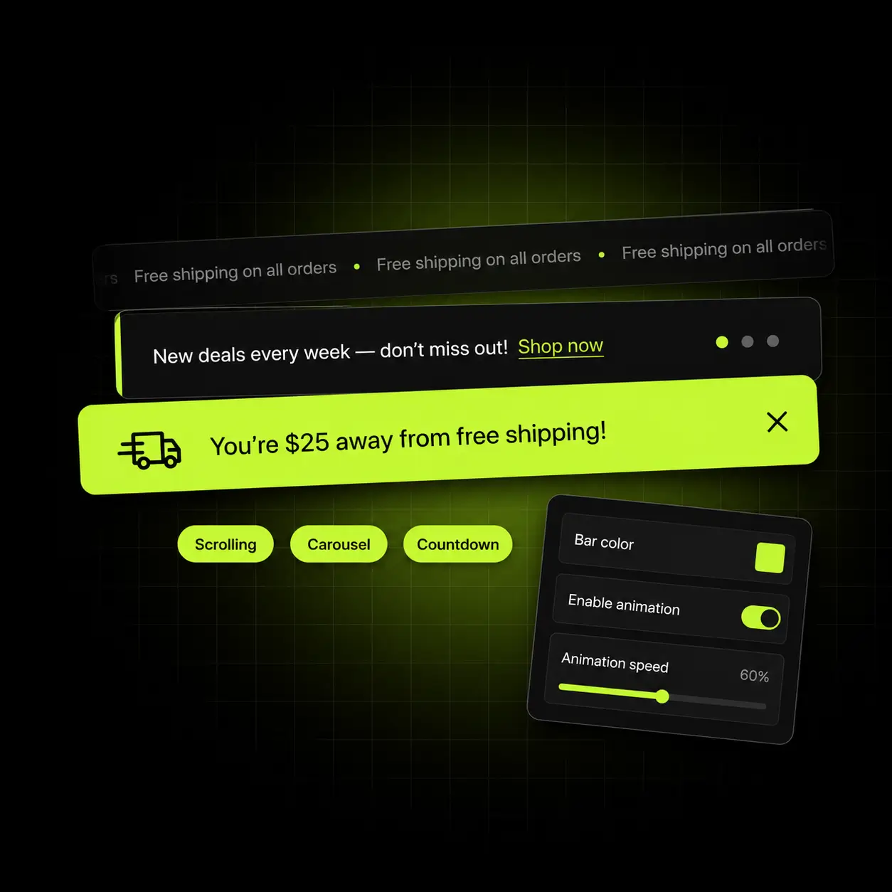 Oxify announcement bar: scrolling, carousel and free-shipping bars