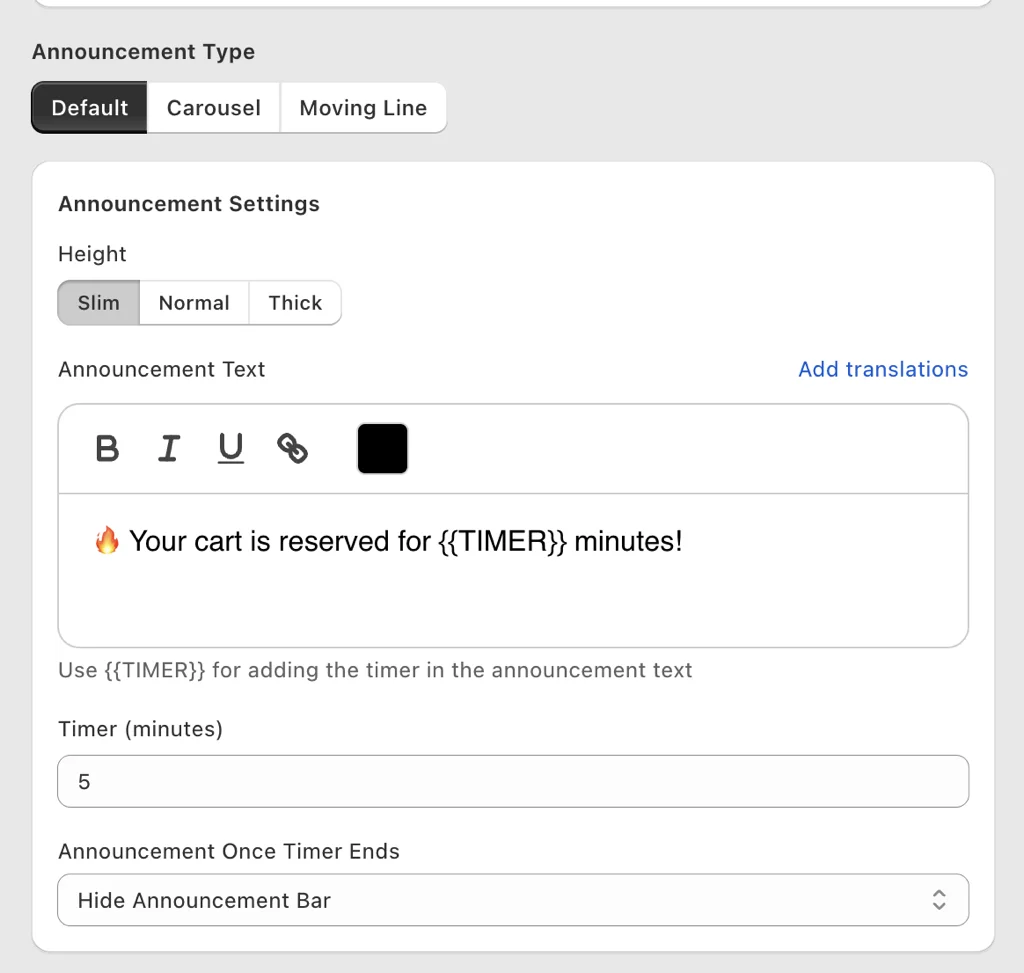 Cart drawer announcement settings with default, carousel and moving line types plus a countdown timer