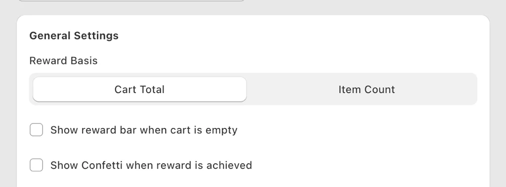 Reward basis setting for Shopify cart goals: cart total or item count