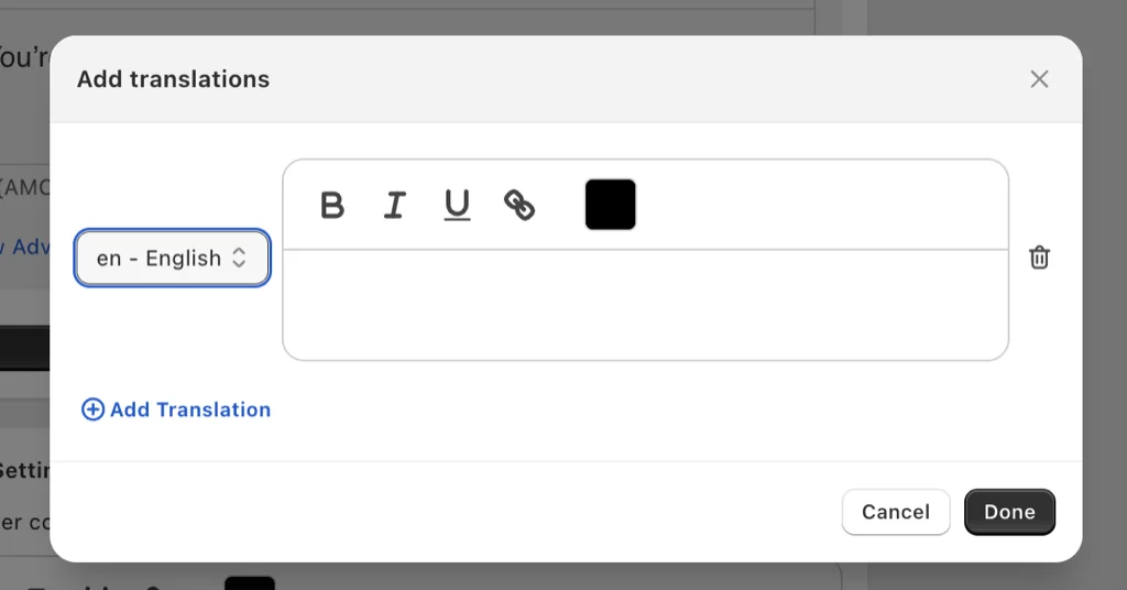 Add translations dialog for cart drawer text with a language selector in Oxify