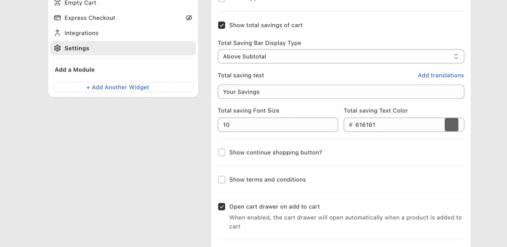 Oxify cart drawer settings with the Show terms and conditions toggle