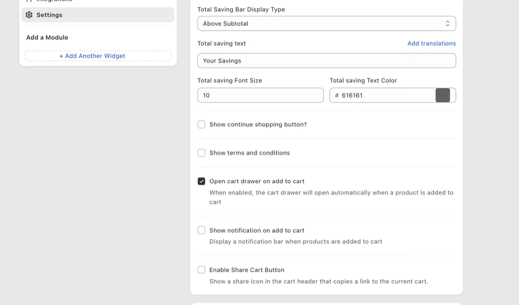 Enable Share Cart Button setting in Oxify cart drawer settings