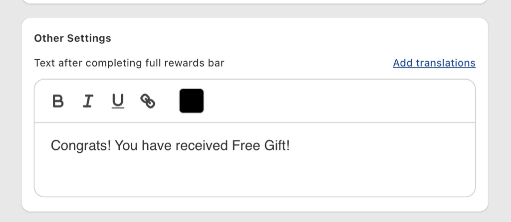 Editable text shown after a shopper completes the full cart rewards bar