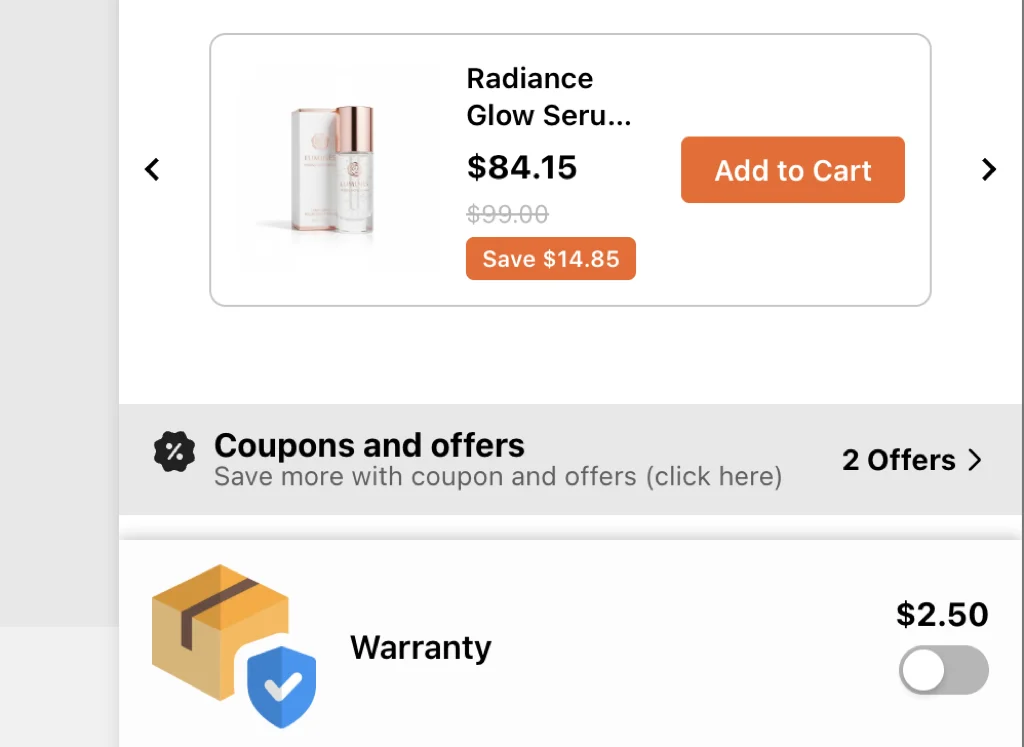 Warranty add-on with a $2.50 toggle below an upsell carousel in a Shopify cart drawer