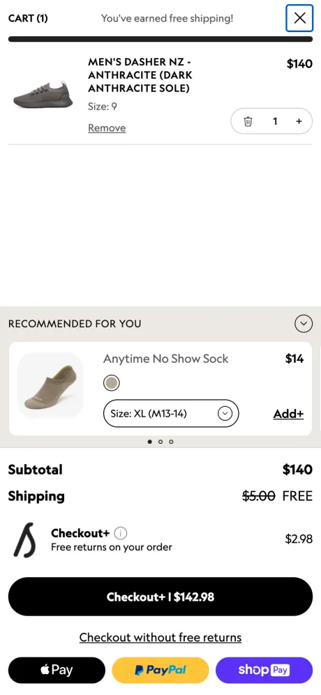 Allbirds mobile cart drawer with free shipping bar, sock upsell, subtotal and Checkout+ button