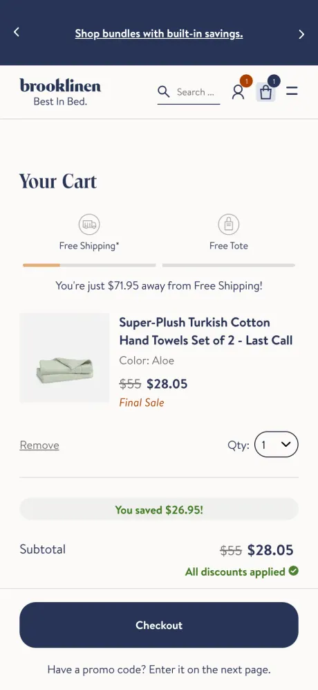 Brooklinen mobile cart page with two-step free shipping and free tote progress bar, savings message and Checkout button