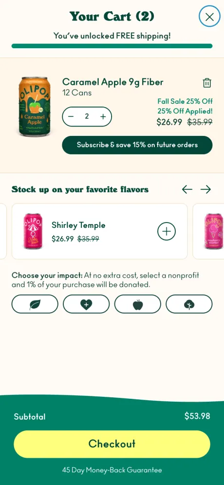 Olipop mobile cart drawer with free shipping bar, discount, subscribe upsell, flavor recommendations and sticky Checkout button