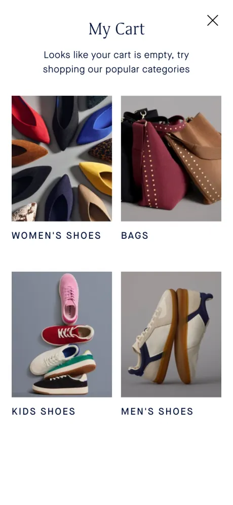 Rothy's empty cart drawer showing four category tiles: women's shoes, bags, kids shoes and men's shoes