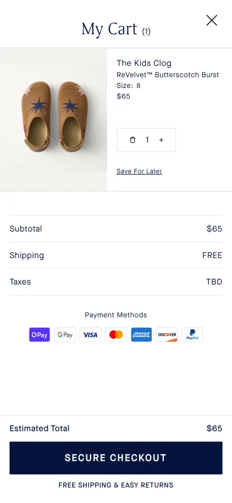 Rothy's mobile cart drawer showing subtotal, free shipping, taxes TBD, payment icons and Secure Checkout button