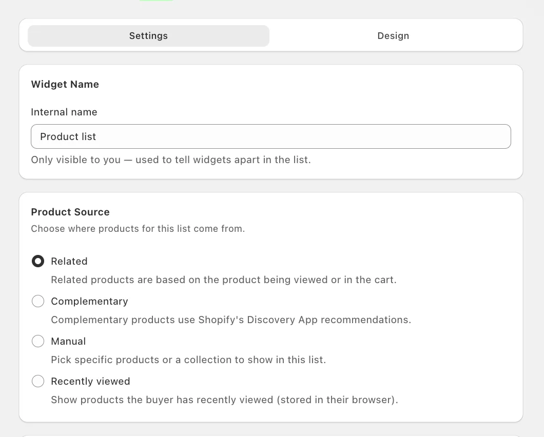 Oxify Cart Drawer Product list widget settings showing four product sources: Related, Complementary, Manual, and Recently viewed